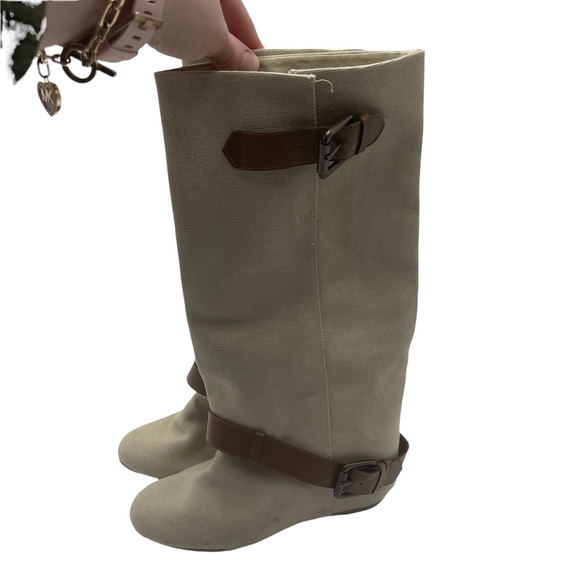 ALDO| NWOT Tan Burlap/Linen hidden wedge,wide calf, with camel belt detail SZ 37 - Picture 2 of 16